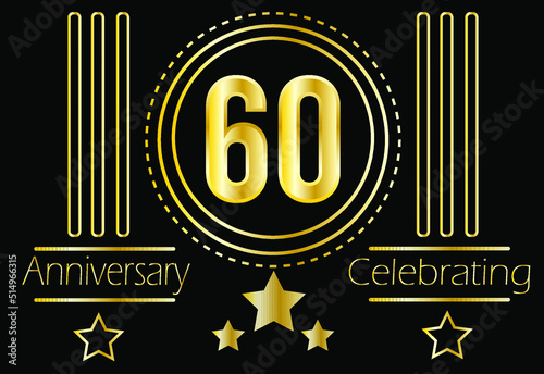 60 years anniversary celebrating. Vector gold medallion with ornament and stars for birthday on black background.