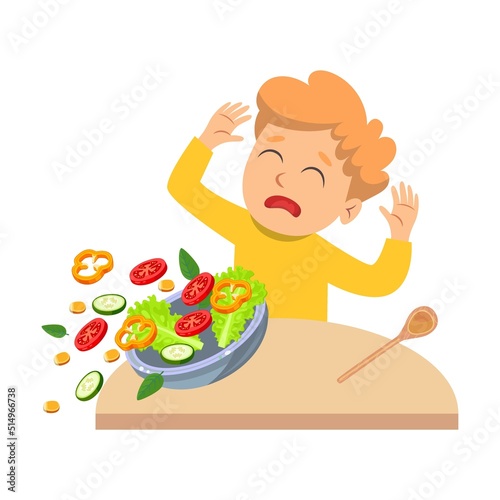 Picky children refusing healthy food cartoon vector illustration. Naughty kid rejecting vegetables, crying, dreaming of burgers, sitting at tables