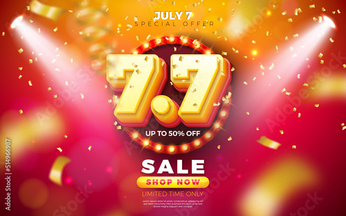Shopping Day Flash Sale Design with 3d 7.7 Number and Light Bulb Billboard on Red Background. Vector 7 July Special Offer Illustration for Coupon, Voucher, Banner, Flyer, Promotional Poster