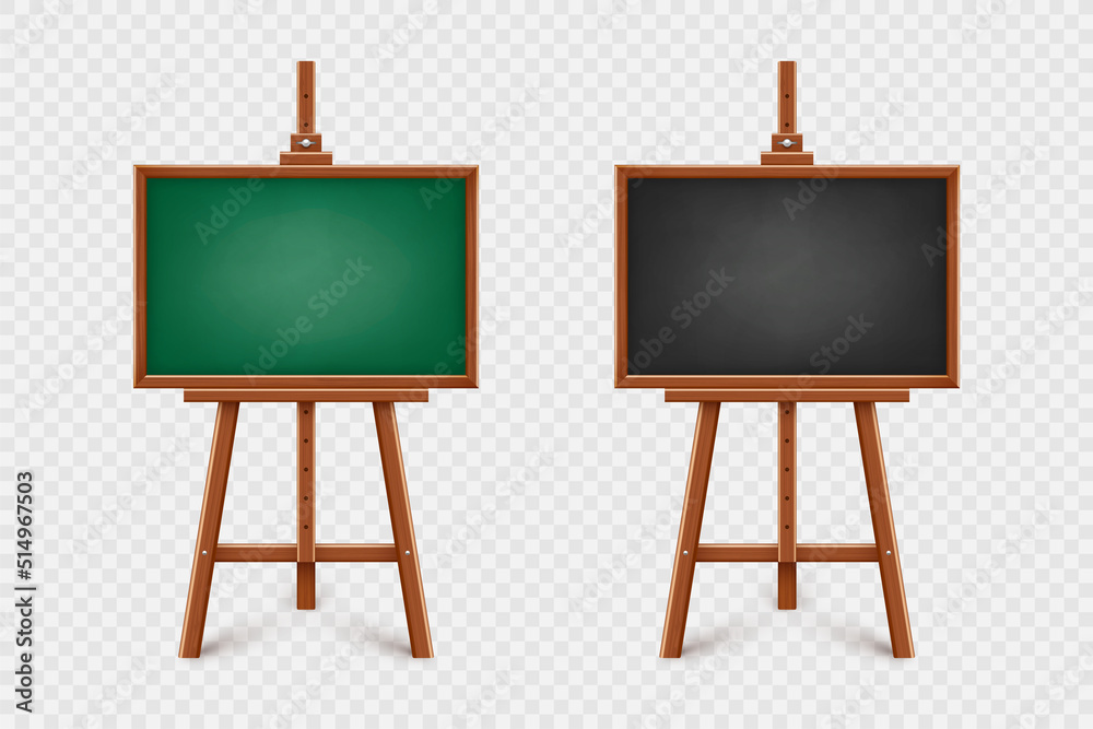Realistic chalkboard on wooden easel. Blank blackboard in wooden frame on a tripod. Presentation board, writing surface for text, drawing. Online studying, learning mockup. Vector illustration Realistic chalkboard on wooden easel. Blank blackboard in wooden frame on a tripod. Presentation board, writing surface for text, drawing. Online studying, learning mockup. Vector illustration