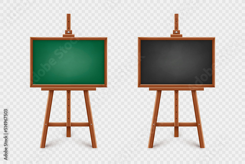 Realistic chalkboard on wooden easel. Blank blackboard in wooden frame on a tripod. Presentation board, writing surface for text, drawing. Online studying, learning mockup. Vector illustration