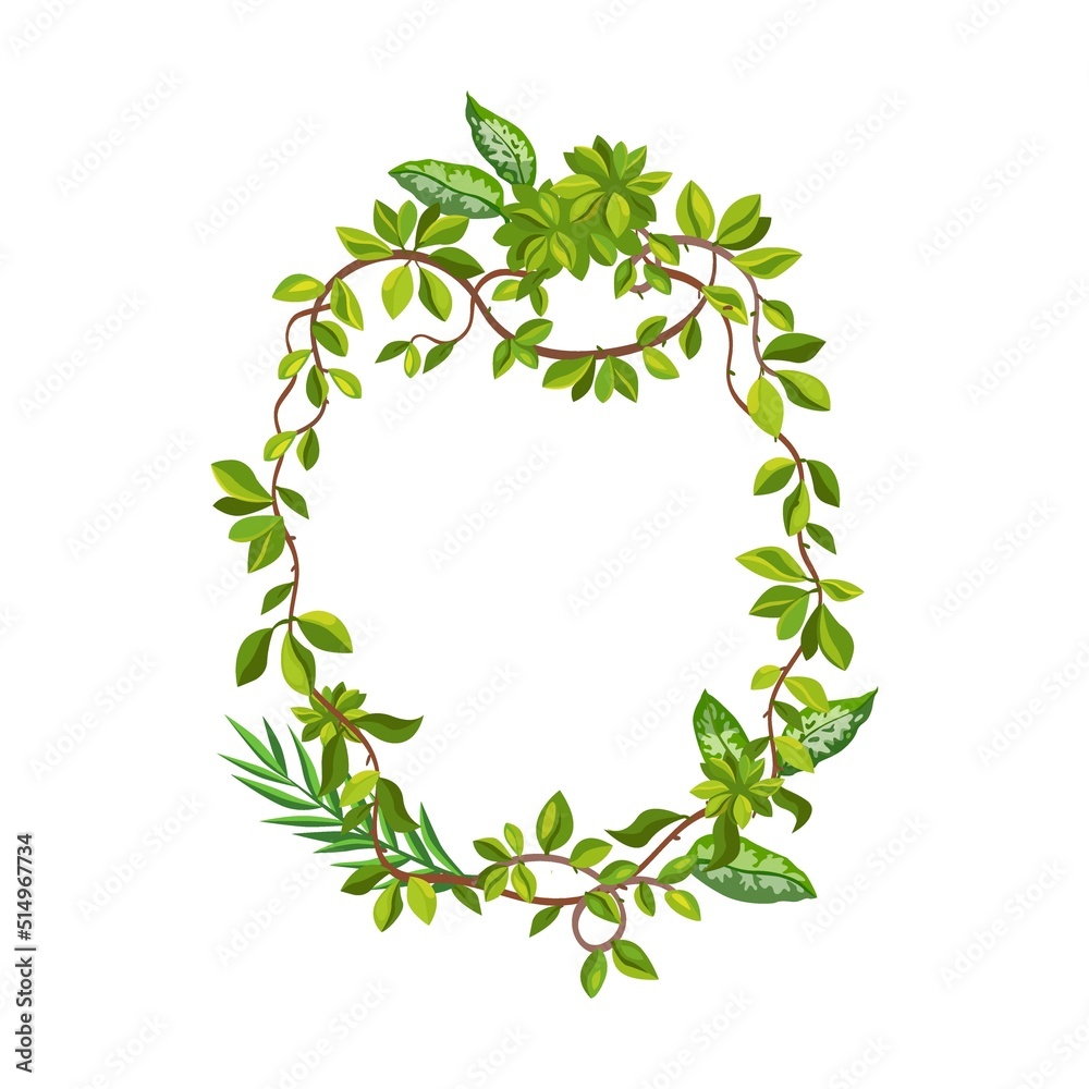 Frame shaped lianas, tropical plant branches with leaves, space for text or sign with borders. Isolated vector illustration for forest Frame shaped lianas, tropical plant branches with leaves, space for text or sign with borders. Isolated vector illustration for forest