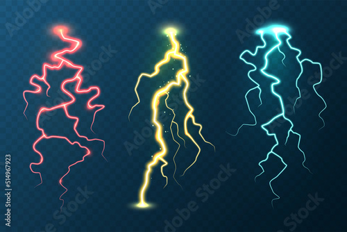 Realistic colorful lightning collection on blue background. Thunderstorm and lightning bolt. Sparks of light. Stormy weather effect. Vector illustration