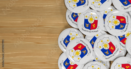 3D rendering of The coat of arms of the Philippines flag pins on a wooden table for politics, support and nationalism