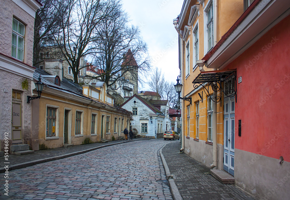 Vintage buildings on the Long Street (Pikk Street) in old town of Tallinn, Estonia