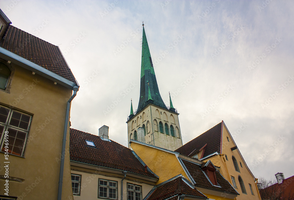 View of the old town with the church of St. Olaf in Tallinn, Estonia