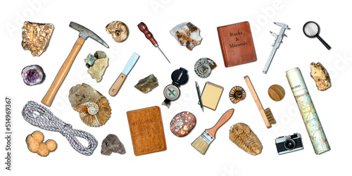 Valokuva Topview of Set Fieldwork Geology Tools on White Background