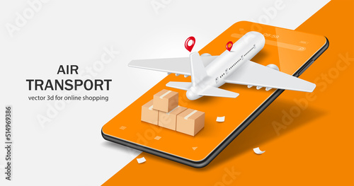 Airplanes and parcel boxes are on smartphones and there is a pin location at the place for delivering products to customers,vector 3d for advertising media about air freight and transport design