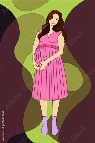 Vector illustration of pregnant girls with long hair standing posture, pregnant women with long hair skirt