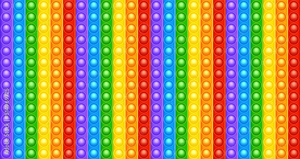 Colorful silicone anti-stress pop it toy texture, pattern. Trendy sensory game for children. Rainbow push pop fidget toy with brightly colored popping bubbles. Vector illustration