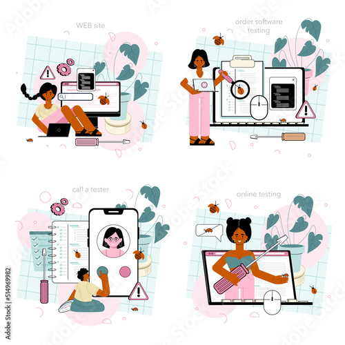 Software tester online service or platform set. Application or website code