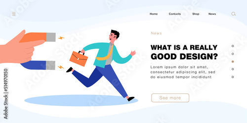 Businessman running away to exit business from collectors. Man afraid of magnet in giant hand flat vector illustration. Debt, tax, finance concept for banner, website design or landing web page