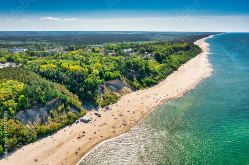 Fototapeta Naklejka Na Ścianę i Meble -  Aerial landscape of the beach in Jastrzebia Gora by the Baltic Sea at summer. Poland.
