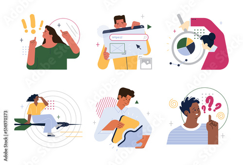 Business illustrations set. Men and women of color taking part