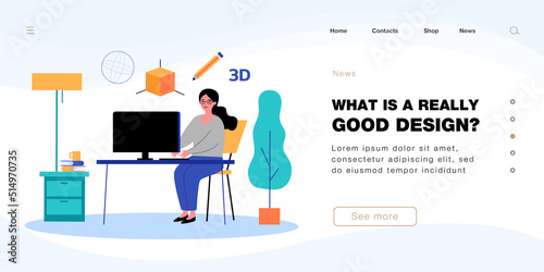 Art creation process of 3D graphic digital design by designer. Woman working on project at computer flat vector illustration. Job, technology concept for banner, website design or landing web page