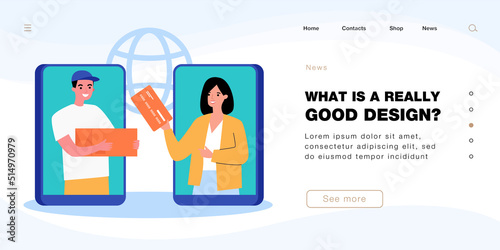 Deliveryman and customer on mobile phone screens. Courier delivering package to woman with credit card flat vector illustration. Delivery service, online shopping concept for banner or website design