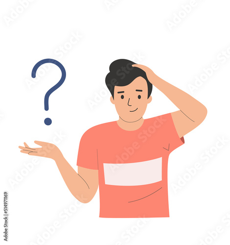 Young Doubting man with question mark. Flat style cartoon vector illustration.
