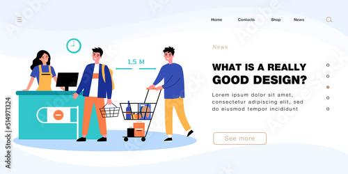 Cartoon customers in supermarket keeping distance. Prevention of disease transmission while shopping flat vector illustration. Social distancing, coronavirus, health concept for banner, website design