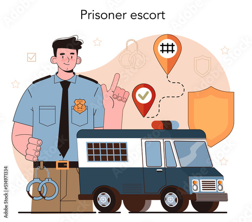 Prison guard concept. Police officer convoying angry arrested criminal