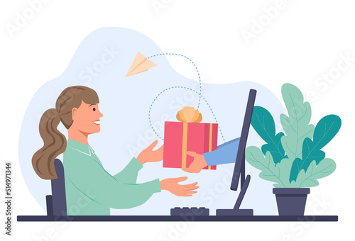 A smiling girl sits at a computer and stretches out her hands to a box with a bow. Hands from a computer monitor give a gift to a young woman. Vector illustration in flat style