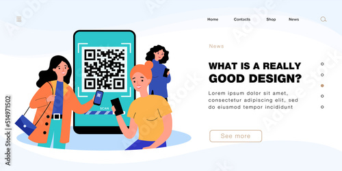 Female cartoon characters scanning QR codes with smartphones. Huge mobile phone with barcode in background flat vector illustration. Technology, coronavirus, security concept for banner, landing page