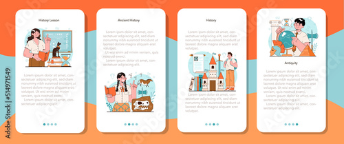 History lesson mobile application banner set. History school subject
