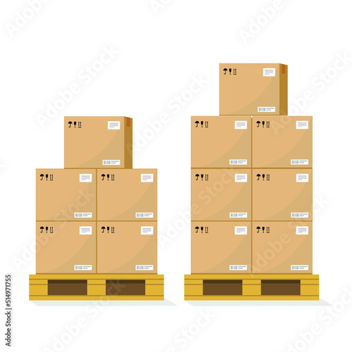 Boxes on wooded pallet illustration, flat style warehouse cardboard parcel boxes stack front view image Box on pallet in warehouse. Cardboard boxes in front on wooden palettes. Icon of delivery