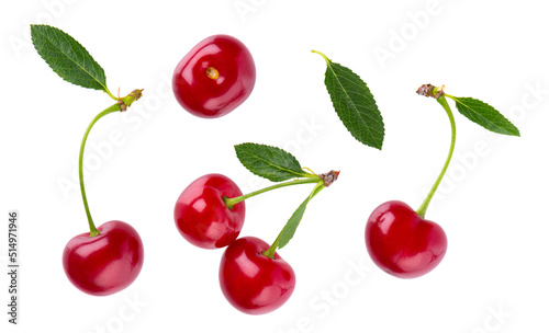 Cherry isolated on white background. Red ripe berry of sweet cherry. Clipping path. Top view.