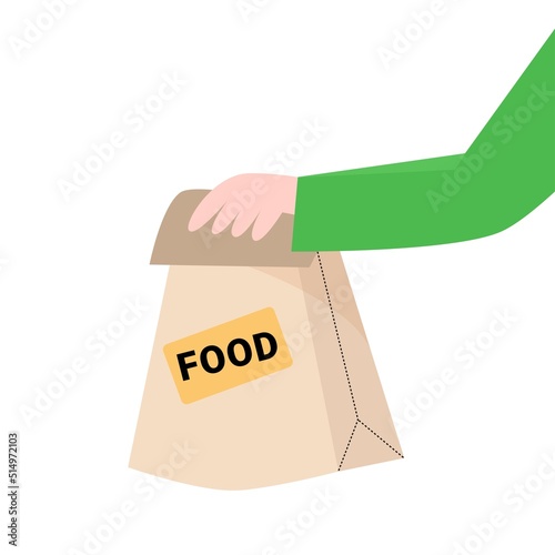 Vector illustration with hand holding paper package with food lettering. Concept for food delivery.