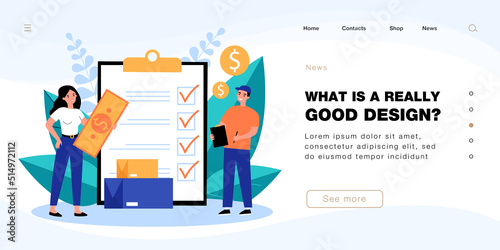 Female customer giving cash money to courier. Tiny man marking boxes on checklist flat vector illustration. Payment after delivery, return parcel concept for banner, website design or landing web page