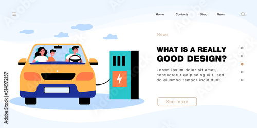 Happy family charging electric car at station with charger. Woman, man and child sitting inside vehicle flat vector illustration. Ecology concept for banner, website design or landing web page