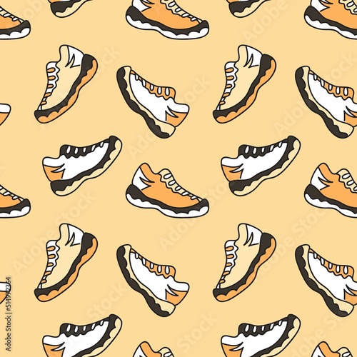 Seamless vector pattern with sneakers on orange background.	