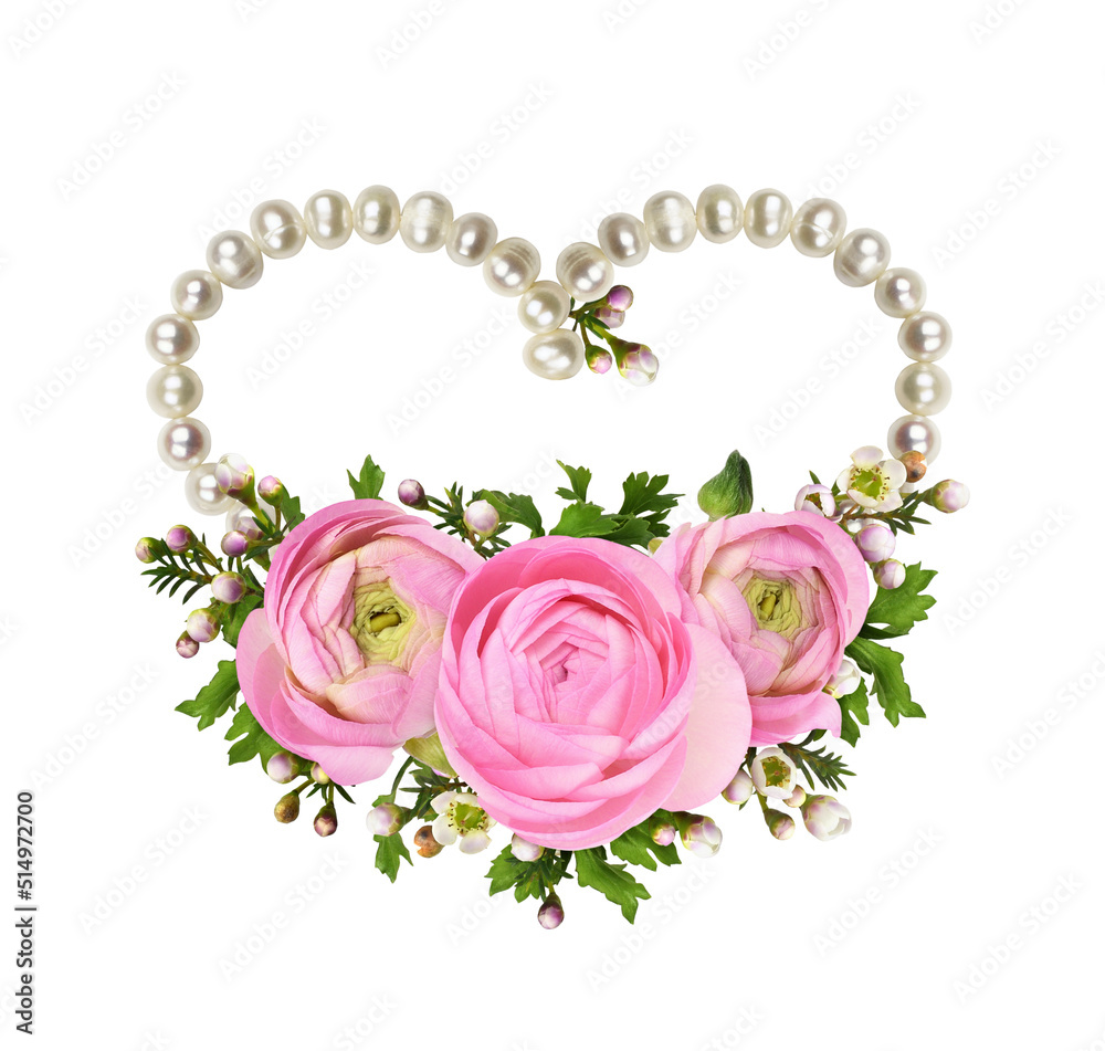 Pink chamelaucium and ranunculus flowers and heart with pearls in a floral festive arrangement isolated on white