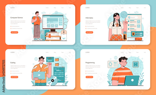IT education web banner or landing page set. Student write software