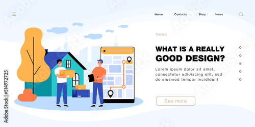 Express address shipping of parcels by courier. Man sending boxes by mail along route on phone map flat vector illustration. Delivery service concept for banner, website design or landing web page