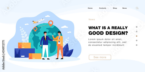 Businessmens agreement on international delivery by plane. Handshake and deal of tiny male partners flat vector illustration. Export, logistics concept for banner, website design or landing web page