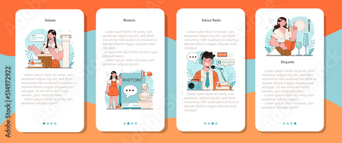 Rhetoric school class mobile application banner set. Students training