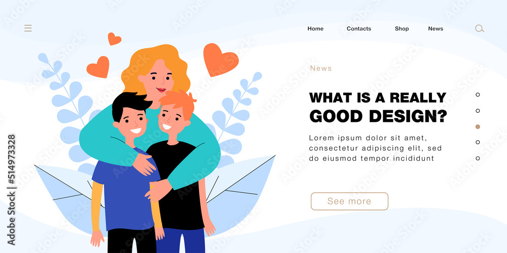 Cartoon mother hugging two teen sons. Smiling woman embracing boys flat vector illustration. Family, motherhood, love, care, relationship concept for banner, website design or landing web page