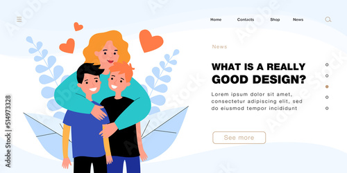 Cartoon mother hugging two teen sons. Smiling woman embracing boys flat vector illustration. Family, motherhood, love, care, relationship concept for banner, website design or landing web page