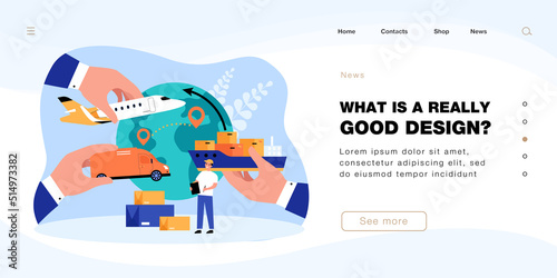 Hands offering to man cargo transportation by ship, plane, van. Male supplier choosing transport flat vector illustration. Logistics, supply concept for banner, website design or landing web page