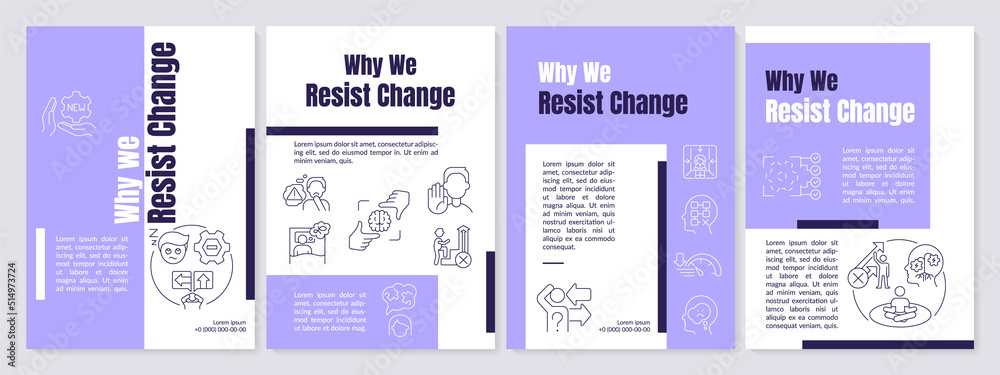 Change resisting reasons purple brochure template. Nonconformism. Leaflet design with linear icons. Editable 4 vector layouts for presentation, annual reports. Anton, Lato-Regular fonts used