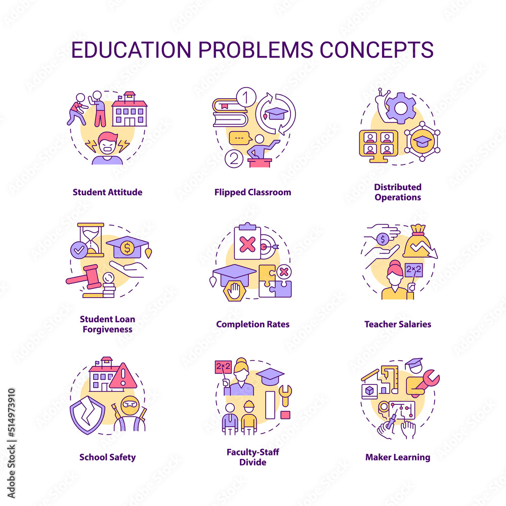 Education problem concept icons set. Students issues. Education system challenges idea thin line color illustrations. Isolated symbols. Editable stroke. Roboto-Medium, Myriad Pro-Bold fonts used