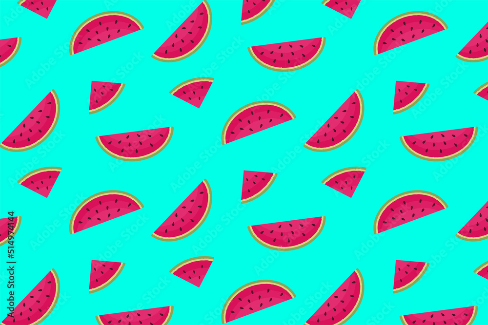 Vector watermelons hand drawn seamless pattern. Cute summer fresh fruits print. Watermelon red slices with seeds repeat texture on green-blue background for wallpaper, fabric design, textile, decor Vector watermelons hand drawn seamless pattern. Cute summer fresh fruits print. Watermelon red slices with seeds repeat texture on green-blue background for wallpaper, fabric design, textile, decor