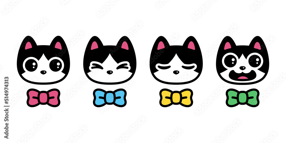 cat vector kitten calico icon bow tie head face logo symbol breed cartoon character illustration doodle design isolated clip art