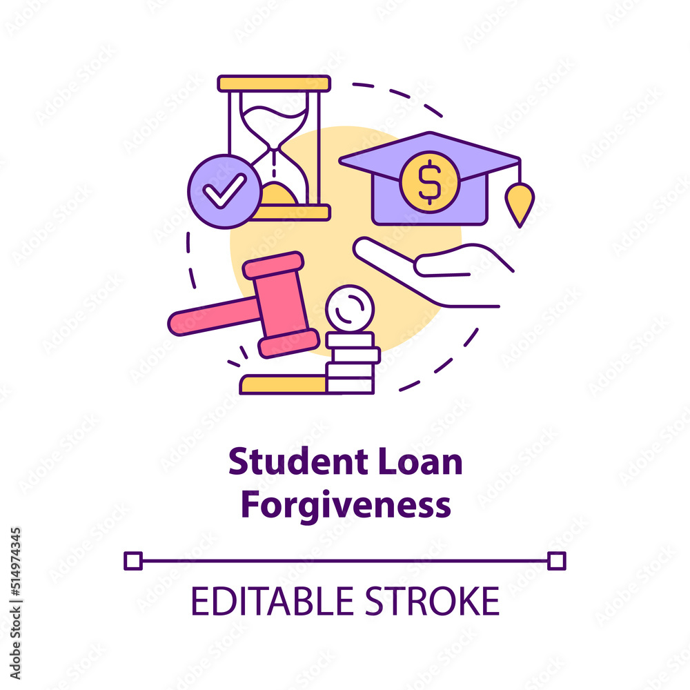 Student loan forgiveness concept icon. Education costs. Issue in higher education abstract idea thin line illustration. Isolated outline drawing. Editable stroke. Arial, Myriad Pro-Bold fonts used