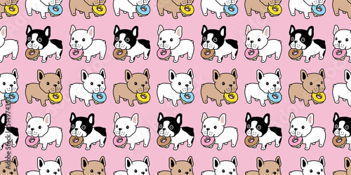 dog seamless pattern french bulldog donut eating food vector pet puppy breed cartoon scarf isolated tile background repeat wallpaper wrapping paper doodle illustration pink design