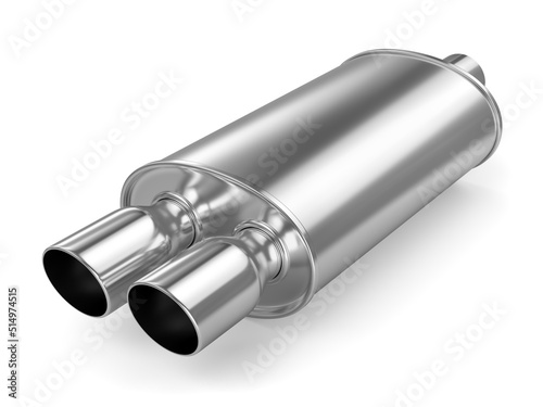Konstfotografi Steel chambered muffler, dual exhaust car pipe isolated on white background