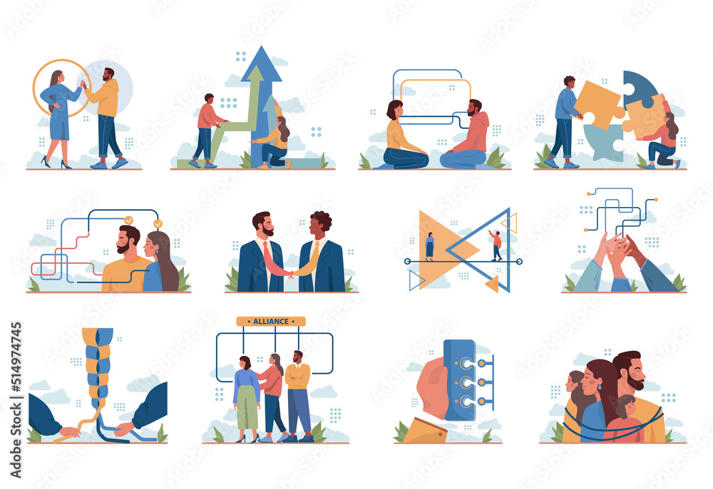 Obraz premium Merger concept set. Collaboration and teamwork. Characters cooperation