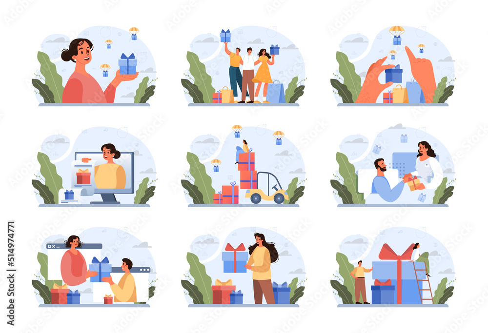 Happy people with gifts boxes set. Character group holding, Happy people with gifts boxes set. Character group holding,
