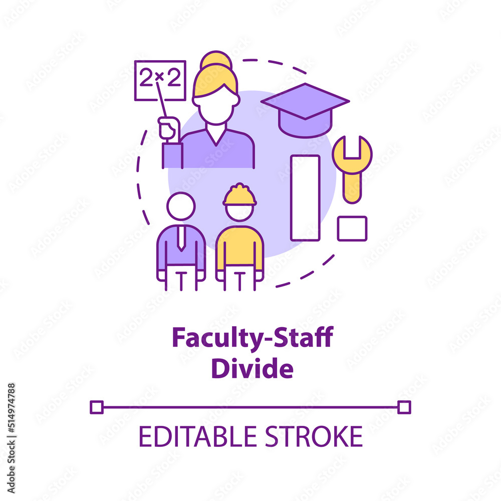 Faculty staff divide concept icon. Divided workforce. Issue in higher education abstract idea thin line illustration. Isolated outline drawing. Editable stroke. Arial, Myriad Pro-Bold fonts used